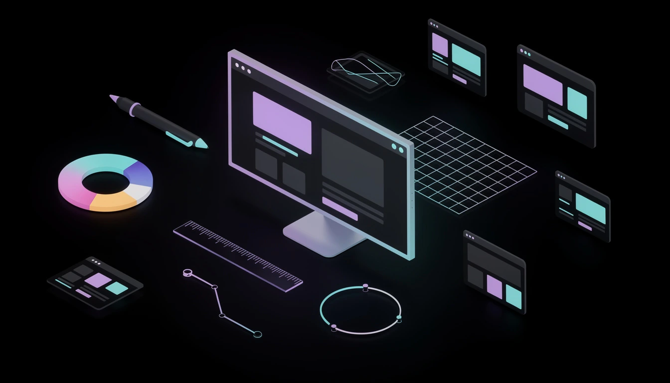 Postazione di un web designer freelance: monitor, strumenti di design e UI dark